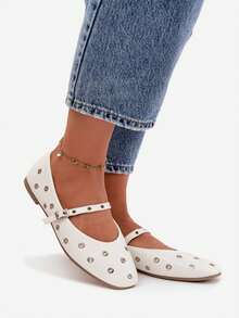 优雅的Marivon女士芭蕾舞鞋，饰有银色装饰，时尚舒适，适合日常穿着，白色米色 - 白色 - 查看 7