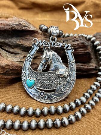 1件复古西部风格仿珍珠CCB串珠项链，配马形吊坠，7层串珠项链，适合日常佩戴或送礼，节日项链 | 波西米亚风格 | 手工设计，波西米亚风格首饰