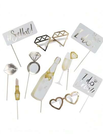 10件套单身派对拍照道具，金色求婚主题婚礼拍照道具，适用于婚礼、新娘、派对用品、单身派对、准新娘、婚礼装饰、新娘送礼会、周年纪念道具、蛋糕装饰、派对氛围营造等场合。