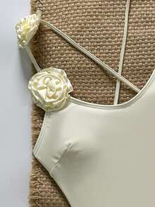 新款时尚性感纯色3D立体花卉吊带连体泳衣（女款）度假沙滩白色夏季 - 白色 - 查看 7