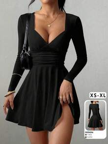 性感时尚V领褶皱腰身荷叶边下摆长袖迷你连衣裙，春夏新品，秋季女士连衣裙，优雅黑色 - 黑色 - 查看 1