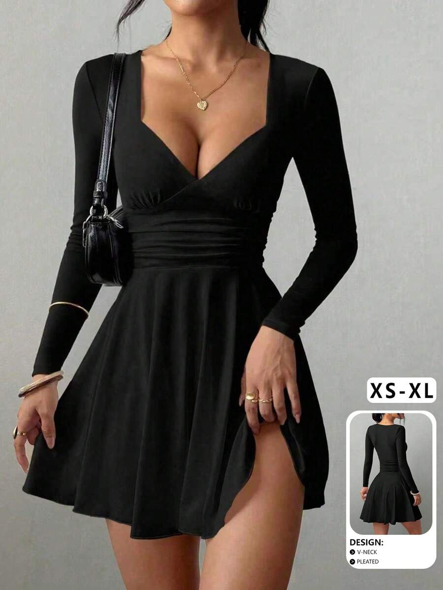 性感时尚V领褶皱腰身荷叶边下摆长袖迷你连衣裙，春夏新品，秋季女士连衣裙，优雅黑色 - 黑色 - 查看 1