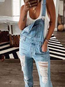 时尚舒适宽松蓝色猫须条纹连体裤和背带裤，女士休闲春季款 - 淺色水洗藍 - 查看 6