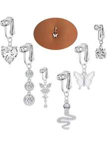 1件不锈钢材质，镶嵌AAA+级闪亮锆石，蝴蝶/心形/星形/蛇形装饰夹式肚脐饰品，适合女性日常佩戴、派对和节日礼物