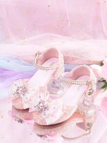 Zapatos de tacón alto con cristales azules para niñas, nuevas sandalias infantiles, zapatos con decoración de lazo de encaje hueco y semi-cerrados, zapatos de fiesta de princesa con brillo - Tacones pequeños cómodos adecuados para niñas, diseño de hebilla con brillo rosa - Rosa - Ver 14