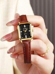 1 pieza Reloj de mujer minimalista con esfera rectangular de números romanos, correa de bambú, adecuado para uso diario, regalo de cumpleaños, aniversario, Día del Soltero, promoción de Halloween y otros regalos festivos - Marrón - Ver 3