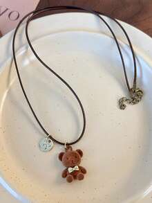 1pc Cute Brown Plush Bear Pendant Necklace, Long Sweatshirt Chain Accessory, Versatile Autumn/Winter New Design (Random Front/Back Metal Disc) - Multicolor - View 5