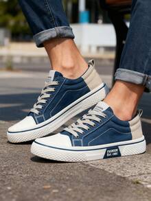 Tenis de hombre de lona transpirable, tenis para hombre fashion est.1985, tenis hombre verdes y beige trendy, zapatos para hombre ligeros para diario y salida - Azul - Ver 5