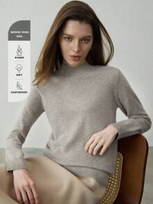 100% 美利奴羊毛纯色高领套头毛衣，百搭内搭，女士保暖冬装 - 灰色 - 查看 1