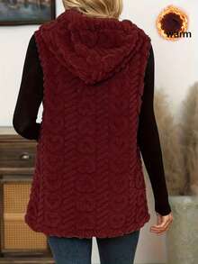 Women's Solid Color Hooded Knit Vest, Sleeveless Button Front Cardigan, Regular Length, With Fuzzy Details - Burgundy - View 4