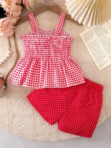 女婴情人节套装 - 草莓格子印花吊带背心 + 可爱红色波点短裤套装 - 紅色 - 查看 2