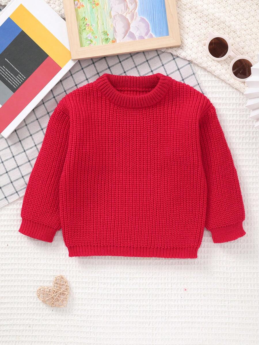 Unisex Baby Classic Solid Color Crew Neck Knit Sweater Top, Crew Neck Design, Solid Color Design, Solid Color More Suitable For Handmade Embroidery By Mothers, Add Some Elements Mothers Like, Suitable For Casual Wear Or Layering - Red - View 1