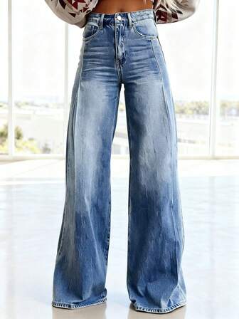 Women's Loose Fit Washed Blue Denim Jeans, 2025 New Fashion Streetwear, Relaxed, High Waist, Straight Leg Casual Pants