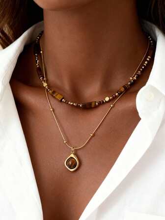 复古优雅多层虎眼石吊坠项链，双层锁骨链套装，女士日常派对配饰，时尚首饰，闺蜜礼物（天然宝石颜色和珠子数量随机）