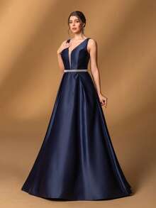 Faeriesty Elegante vestido de la madre de la novia: Escote en V | Sin mangas | Silueta de línea A | Adorno de cintura con rhinestones | Perfecto para bodas, galas formales, cenas de etiqueta, eventos sinfónicos y bailes benéficos