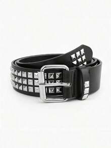 1pc Unisex Solid Color Punk Rock Studded Sequins Rhinestones Embellished Belt, Suitable For Teen, Casual, Outdoor, Athletic, Vacation, Travel, Graduation, Birthday, Daily Wear - màu đen - Xem 2