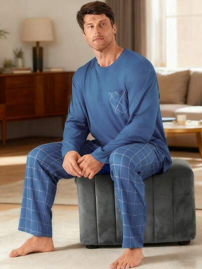 2pcs Men's Plus Size Casual Loose Minimalist Pullover Sweatshirt With Pockets & Plaid Lounge Pants Pajama Set, Suitable For Spring, Autumn, Winter, Valentine's Day Gift