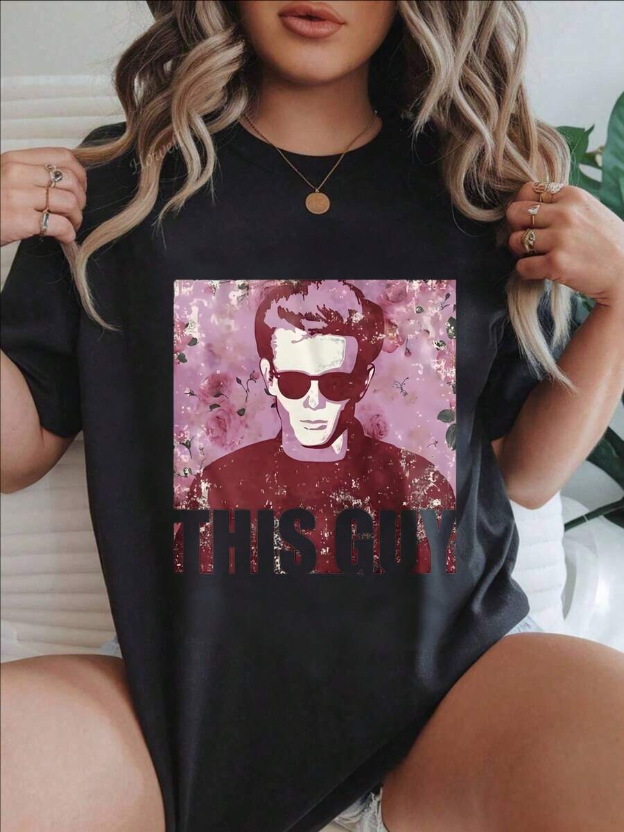 This Guy With Sunglasses And Floral Background Women's Fashionable Print Casual T-Shirt Suitable For All Seasons
-Black - 黑色 - 查看 1