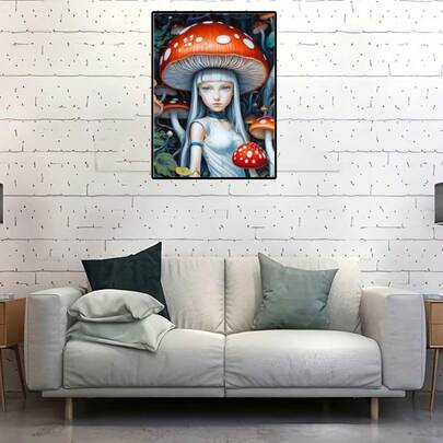 1 Pc Optional Framed Posters Wall Arts Canvas Wall Art Of A Woman With Mushrooms On Her Head, Art Mural Suitable For Bathroom, Bedroom, Office, Living Room Wall Decoration, Home Decoration