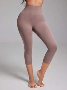 女士收腹塑身高腰提臀内裤大腿修身七分裤 - 卡其色 - 查看 7