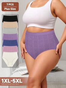 MEIYATING 7-Pack Plus-Size Women's Cotton Panties, High-Waisted, Tummy-Control, Seamless, Jacquard Pattern, Mid-Waist, Briefs, Comfortable Fit, Close-Fitting Design. - 彩色 - 查看 1