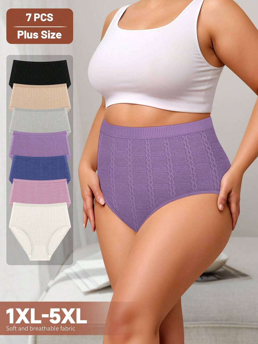 MEIYATING 7-Pack Plus-Size Women's Cotton Panties, High-Waisted, Tummy-Control, Seamless, Jacquard Pattern, Mid-Waist, Briefs, Comfortable Fit, Close-Fitting Design. - 彩色 - 查看 1