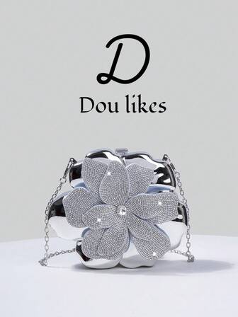 1 pieza Bolso de mano de mujer con lentejuelas de lujo en plata, elegante bolso de embrague con forma de flor de acrílico, adecuado para fiestas, bodas, bailes de graduación y ocasiones formales