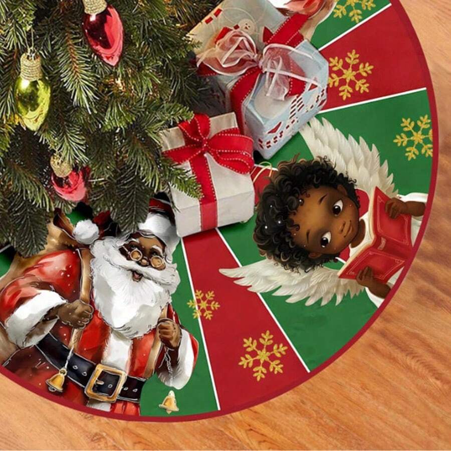 1件装非裔美国人圣诞老人圣诞树裙，涤纶材质，饰有红绿雪花图案，适合节日家居装饰，也适合冬季庆祝活动、圣诞节装饰、圣诞礼物和家居装饰。