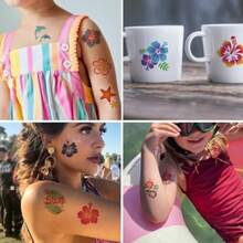 TYUI Glitter Hibiscus Temporary Tattoos For Aloha Party Decoration - 74 Individually Sheets Glitter Hawaii Flower Tattoos For Women Hawaiian Party Favors - 彩色 - 查看 3