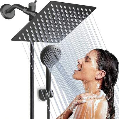 Cabezal de Ducha de lluvia Cuadrado Brazo de Ducha Plegable Ultrafino de 8 Pulgadas Desviador de 3 Velocidades Manguera de 150 cm Rociador de Mano de 5 Funciones Brazo Plegable de Aleación de Zinc Juego de Cabezal de Ducha Cuadrado