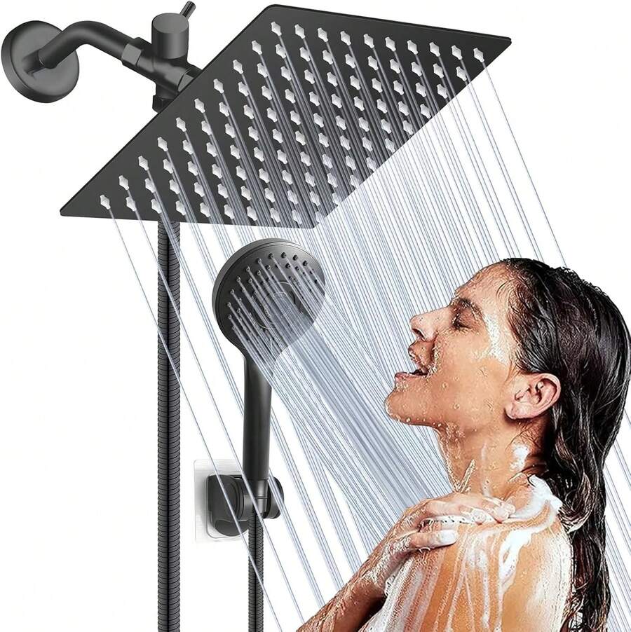 High Pressure Rain Shower Head For Bathroom, 8" Rain Shower Head, 5 Spray Modes Hand Shower, Adjustable With Holder, Leak-Proof, 1.5m Hose (Silver/Matte Black) - Matte Black - View 1