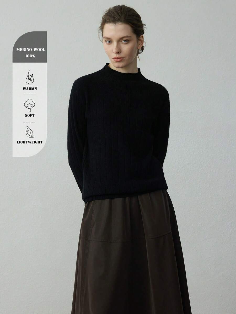 Women's Casual Solid Color Stand Collar Long Sleeve Top, Autumn/Winter - Black - View 1