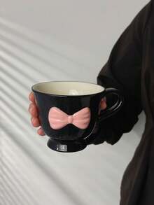 1pc Black & Pink Bow Ceramic Cup, Cute & Sweet Ceramic Cup With 3D Bow And Stem Design, Suitable For Coffee, Beverages, Sweet & Chic Home Decor And Gifts For Friends