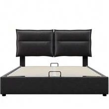 Hydraulic Double Bed With Upholstery, 140x200cm, Adjustable Headboard, Metal Slatted Base, Velvet, Modern Bed Frame With Storage Space, Large Storage Area, Grey (Mattress Not Included) - Black - View 9