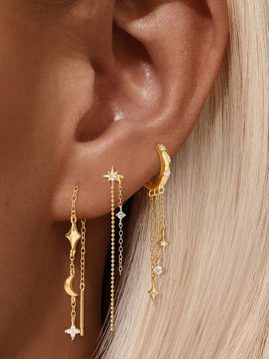 1 đôi bông tai mặt dây chuyền hình ngôi sao và mặt trăng bằng bạc sterling 925 đính đá Cubic Zirconia, trang sức tinh tế dành cho nữ, phù hợp để đeo hàng ngày, dự đám cưới, tiệc tùng, lễ đính hôn, kỷ niệm, ngày Valentine. - Vàng - Xem 1