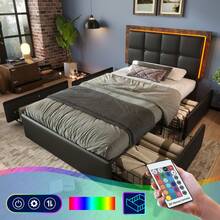 Bed Frame With LED Lighting Strip And 4 Drawers, Single Upholstered Bed 90x200cm, Height-Adjustable Headboard, Functional Bed, PU Black (Without Mattress) - Black - View 4