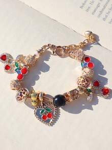 1 件豹纹樱桃串珠手链、1 件黑樱桃 8 毫米串珠手链、时尚豹纹 DIY 手链、1 件红樱桃音乐节手链 - 金色 - 查看 7