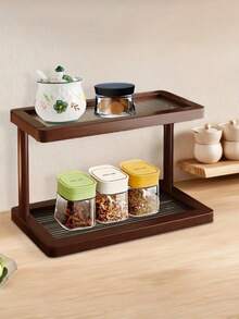 Two-Tier Bamboo Countertop Storage Rack - Easy To Assemble, With A Transparent Acrylic Base, An Elegant Storage Rack For Cosmetics, Perfumes, And Skincare Products, Suitable For Kitchen And Dining Room Storage, Can Hold Mugs And Water Cups - Natural Bamboo Surface, Space-Saving Home Decor And Countertop Storage Rack - Walnut - View 6