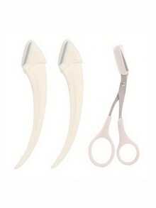 3件套修眉器套装，不锈钢弯头修眉刀，带梳子，适合初学者，任何肤质适用，男女通用脱毛配件，弯头修眉器