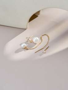 Nooxian 3pcs/Set Elegant Pearl Four-Leaf Clover Earrings & Studs Set, Suitable For Women's Daily Wear - Yellow Gold - View 3