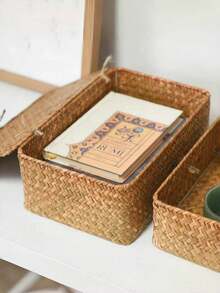 Nordic Style Handwoven Seagrass Storage Box With Lid, Handmade Woven Storage Basket With Cover, Rectangular Storage Box, Creative Space-Saving Storage Box, Suitable For Storing Cosmetics, Stationery, Clothes, Toys, Bathroom Items, Bedroom Items, Living Room Items, Dorm Items, Office Desk Items, Snacks, Jewelry, Also Can Be Used As Back To School Supplies Or Wedding Favor Packaging. - Multicolor - View 11