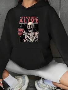 Skeleton Holding Coffee Cup Graphic Oversized Hoodies For Women, Letter Print Winter Clothes, Loose Fit Long Sleeve Pocket Pullover, Womens Sweatshirts Black White Options, Winter Fashion Pullover Tops, Suitable For Parties, Outdoor Activities, And Leisure, Gift For Women, Perfect Holiday Gift, Size S-3XL - 黑色 - 查看 1
