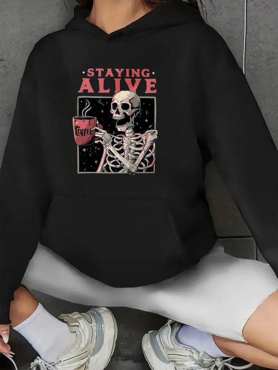 Skeleton Holding Coffee Cup Graphic Oversized Hoodies For Women, Letter Print Winter Clothes, Loose Fit Long Sleeve Pocket Pullover, Womens Sweatshirts Black White Options, Winter Fashion Pullover Tops, Suitable For Parties, Outdoor Activities, And Leisure, Gift For Women, Perfect Holiday Gift, Size S-3XL - 黑色 - 查看 1
