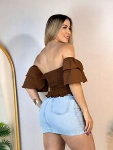 Simple Ruffle Hem Pleated Gathered - Rust Brown - View 3