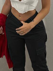 NVFelix 2026新款女士性感高腰侧翻口袋工装裤，轻盈弹力面料，多口袋设计，优雅休闲户外Y2K街头风，适合春夏穿着，黑色 - 黑色 - 查看 5