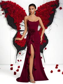 Women's Elegant Solid Color Tube Top High Waist Lotus Leaf Three-Dimensional Flower High Slit Backless Lace-Up Floor-Length Prom Party Dress For Prom Gown Wedding Guest Dancy Party Homecoming Date Night Formal Dinner Birthday Party Festival Party Family Party