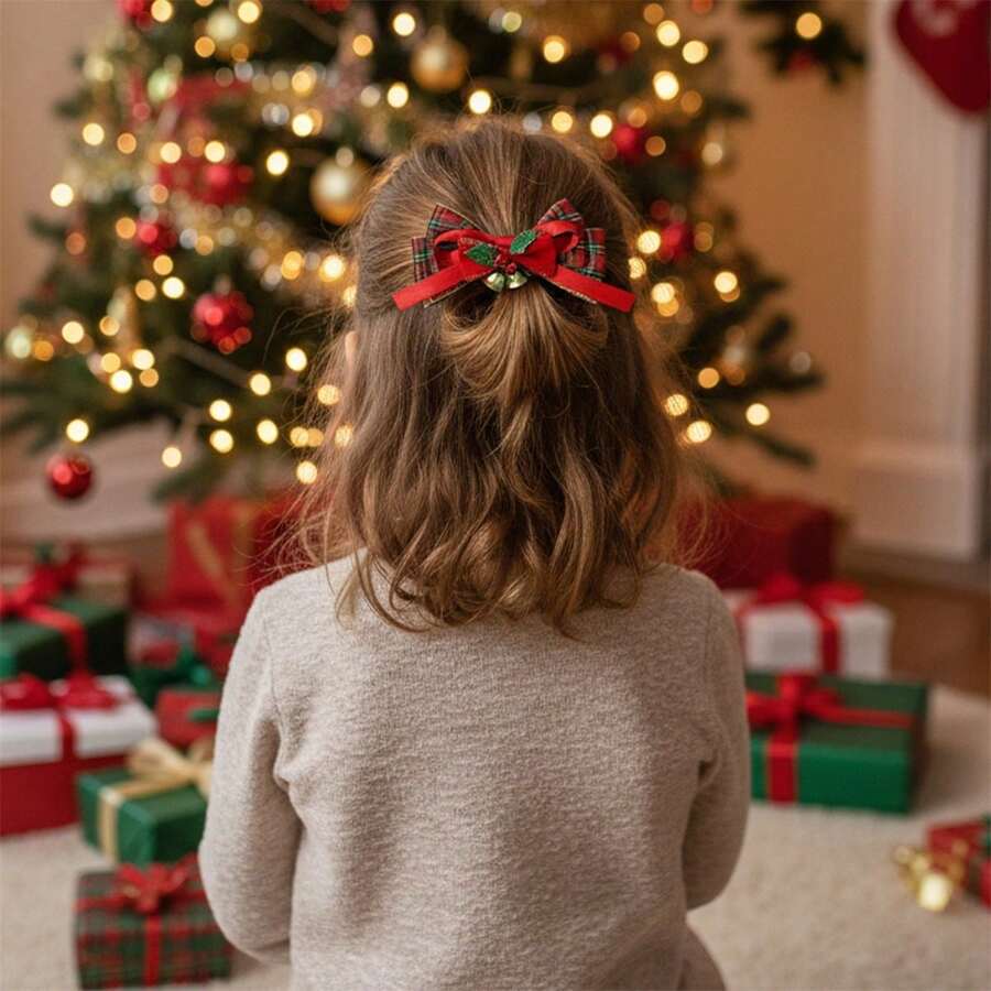 Pinza para el pelo navideña, lazo a cuadros, accesorio para el pelo, regalo de Año Nuevo para mujeres y niñas. - Burdeos - Ver 1
