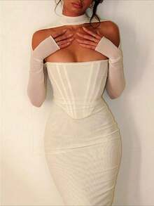 Double Layers Long Sleeve Mesh Bodycon Long Dress Women Elegant Cocktail Semi Formal Prom Wedding Guest Dress, For Birthday, Graduation, Dinner, Homecoming Party Dress - 白色 - 查看 3