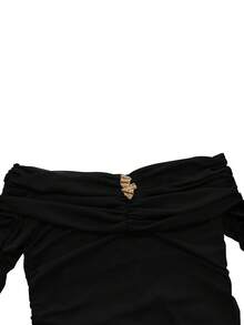 Sexy Fashion Open Shoulder Solid Color Ruched Design Metal Decor Ruffle Hem Long Sleeve Mini Dress, Spring/Summer New Arrival, Vacation Black - Black - View 9