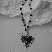 Gothic Bat Cross Dark Pendant Necklace Set, Y2K Personalized Thorn Love Black Bead Stacked Necklace Set, Suitable As Halloween G - Black - View 8